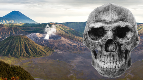 Vulkane auf Java mit hineinprojiziertem Schaedel von Homo erectus