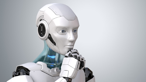 Humanoider Roboter, der sich wie nachdenklich ans Kinn fasst
